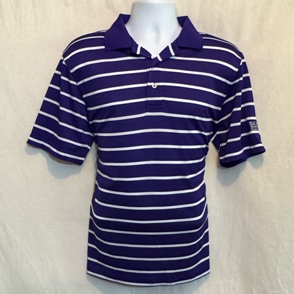 A-144 Men’s Oxford America Purple & White Stripe Pullover Polo Shirt Size M